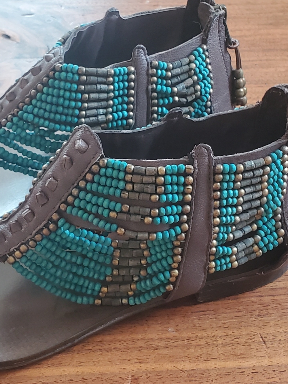 Beaded Turquoise and Bronze Gladiator Sandals
